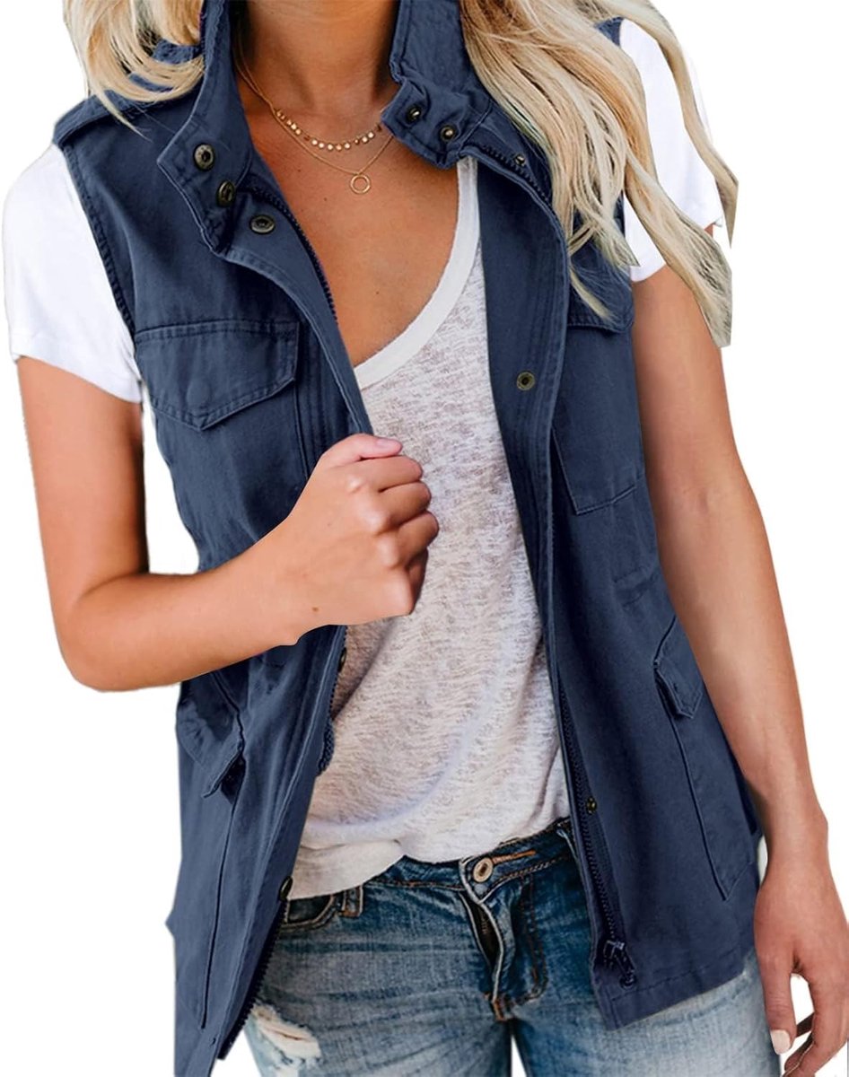 Bela Cargovest voor dames, mouwloos, overgangsparka, jas, kort, met zakken en trekkoord, lente, zomer, vest, bovenkleding
