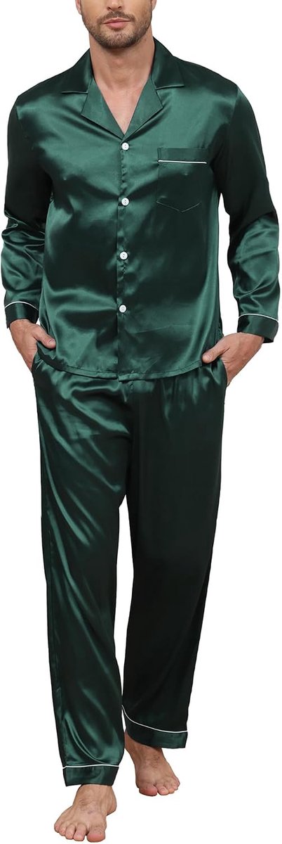 Herenpyjama van zijdesatijn, tweedelige complete set met overhemd met lange mouwen en knopen en elegante broek met zakken luxe homewear