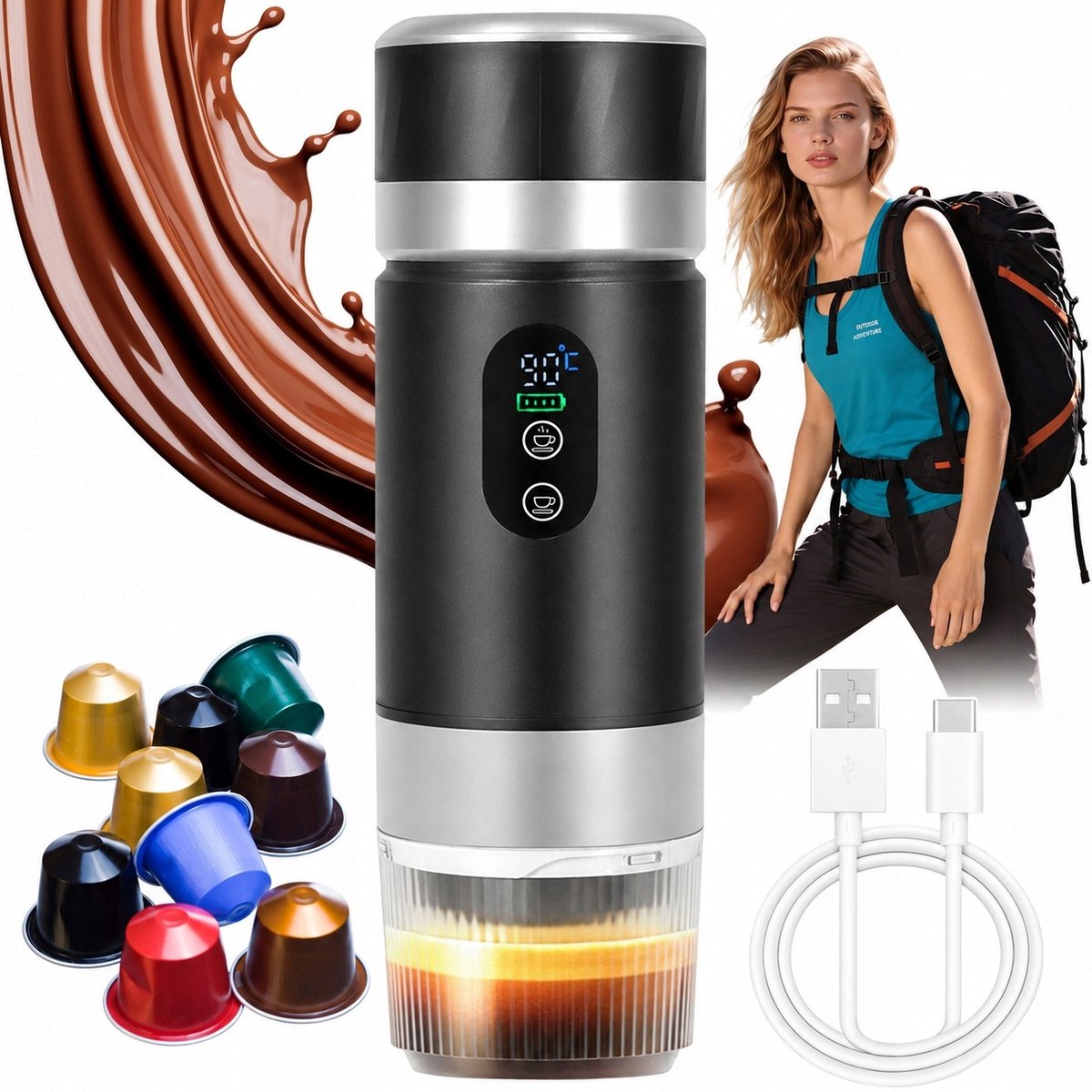 Draagbaar Koffiezetapparaat - Mini Koffiemachine - Capsule Koffiezetter - 20 Bar - Poeder & Capsules - Warm & Koud Zetten - USB-C Oplaadbaar - Kleine Espressomachine - Voor Thuis & Kantoor & Kamperen & Reis
