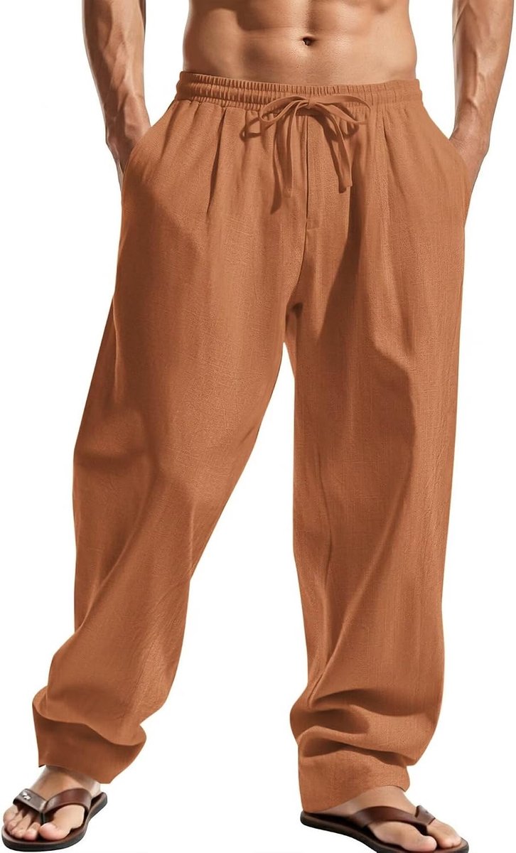Lange lichte katoenen broek voor heren, casual zomerbroek met elastische tailleband en trekkoord, voor strand, vakantie en dagelijks gebruik