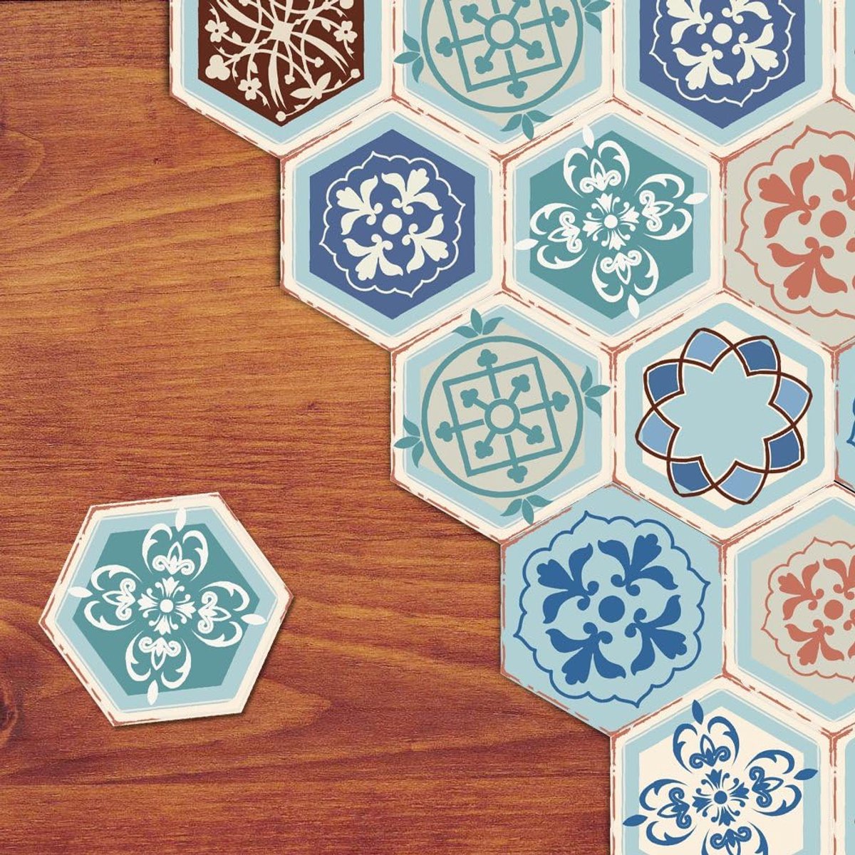 Vloer- en muurstickers van vinyl voor woondecoratie - zeshoekige tegels voor woonkamer, keuken, badkamer, zelfklevend, pellen en plakken, set van 10 stuks, 20 x 23 cm (DB058)