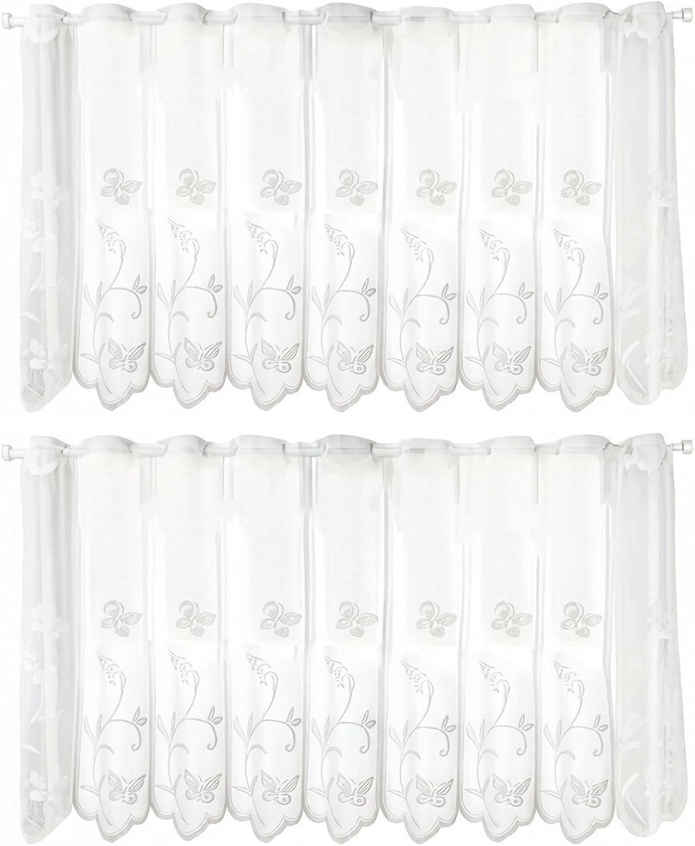 Set van 2 vitrages transparant jacquard gordijn, 130 x 45 cm met bloemen, keukengordijnen, kort, bistrogordijnen, modern met gebogen rand, voor woonkamer en keuken, vlinder