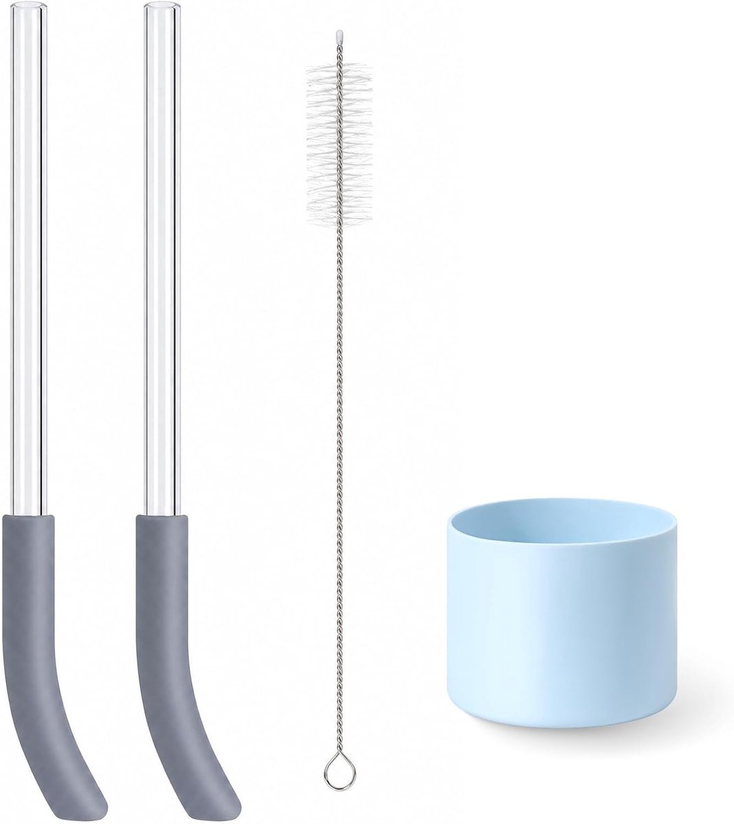 2 stuks herbruikbare rietjes voor Ninja BlendBOSS blender, 1 antislip siliconen ondermouw compatibel met Ninja 26oz reisbeker (grijs/lichtblauw)