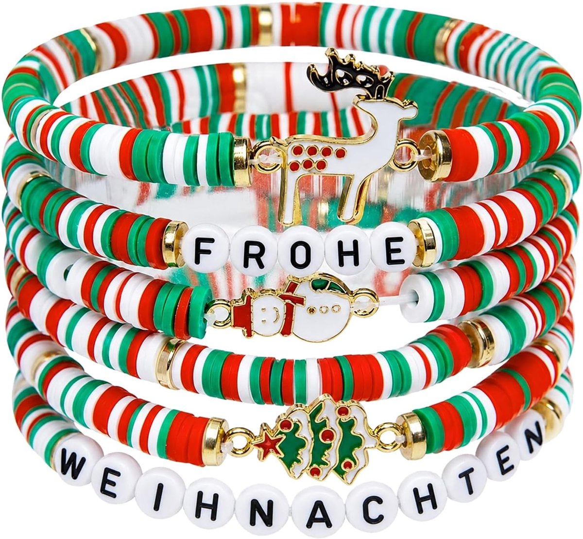 6 stuks kerstarmbanden voor dames, kerstversiering voor dames, in rood, groen, wit, kerstaccessoires voor vrouwen, kerstkostuum voor vrouwen, kerstaccessoires voor advent, feest en cadeau