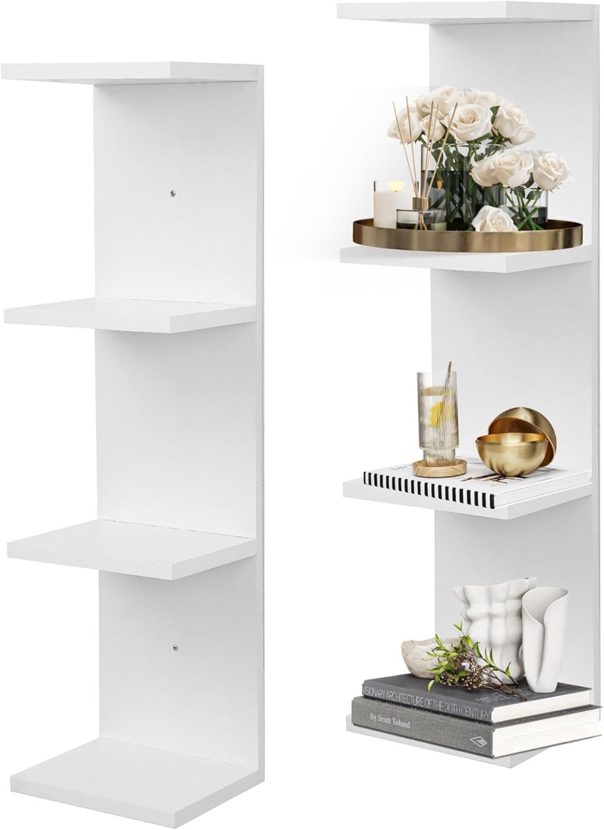 Wandrek met 4 verdiepingen, verticale zuilen-zwevende planken voor opslag en wooncultuur, witte lak-wandplank voor slaapkamer, woonkamer en kantoordecoratie (2 stuks