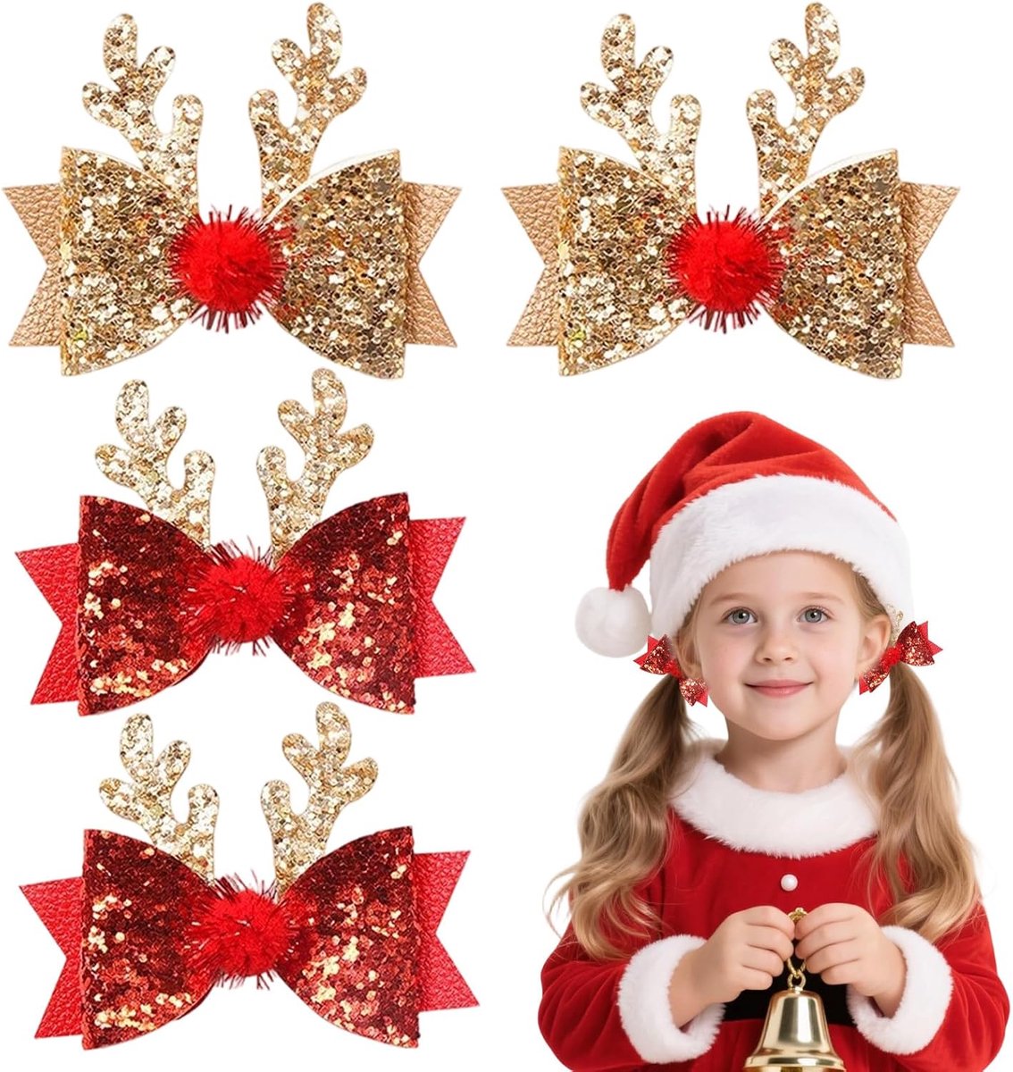 Haaraccessoires meisjes – 2 paar rendier gewei haarclips – goud & rood – strikjes haarspelden – feestelijke hoofdtooi voor kerst – schattige haarclips vrouwen kerstfeest