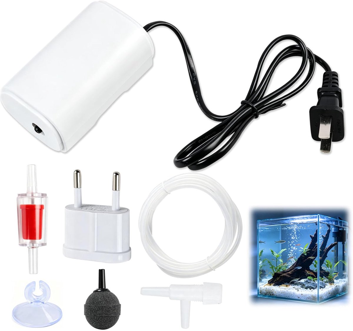 200 l/u stille luchtpomp voor aquaria, voor aquaria tot 100 l met complete accessoires, energiebesparende en duurzame motor, mini-luchtpomp voor aquaria, zuurstofpomp voor aquarium