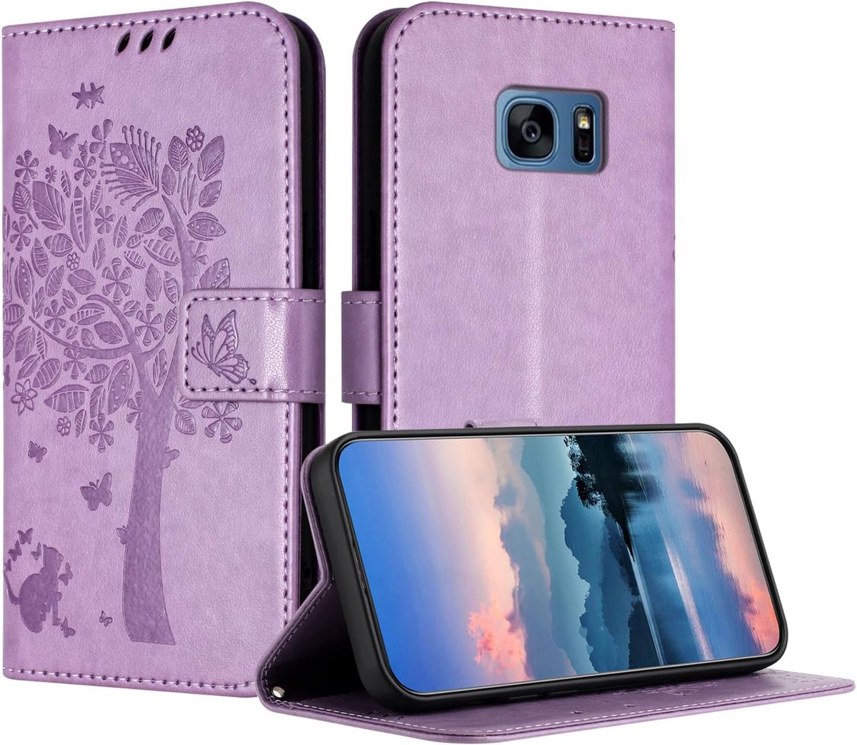Hoes voor Samsung Galaxy S7 Edge, PU-leren portemonneehoes met reliëf met kaartenvak en magneetsluiting standfunctie hoesje compatibel met Samsung S7 Edge - Lichtpaars