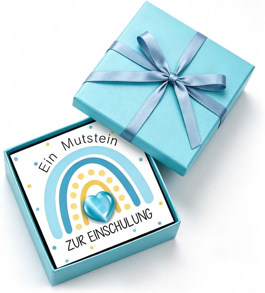 Vertrouwenssteen voor schoolstart – geluksbrenger, natuursteen met kaart & organza zak, blauwe kattenoog, voor meisjes en jongens, schoolkegelvulling eerste schooldag