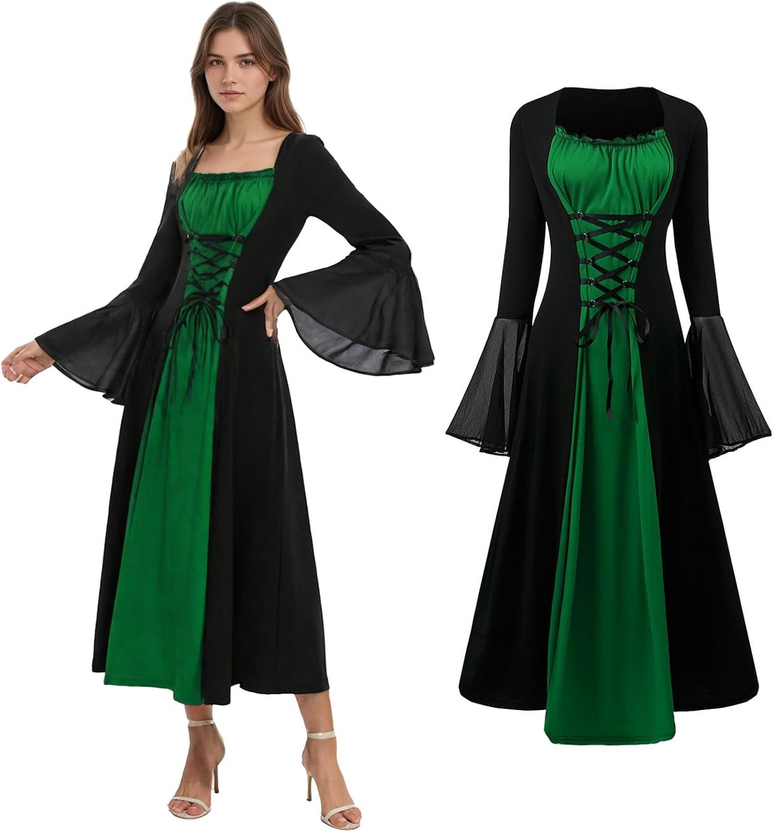Renaissance-kostuum voor vrouwen, middeleeuwse jurk met trompetmouwen, vampierrobe kostuum, gothic jurk voor dames voor Halloween-feest