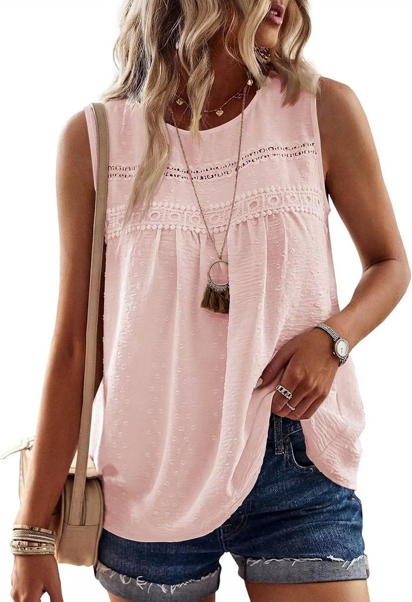 Mouwloze Top met Ronde Hals Boho Stijl Elegante Zomer Tank Top Kant Casual Geplooide Luchtige Losse Tuniek Tops