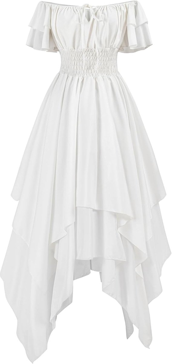 Jurk voor dames, wit, elegante renaissancejurk met elastische taille, middeleeuwse kleding voor carnaval, historische feesten