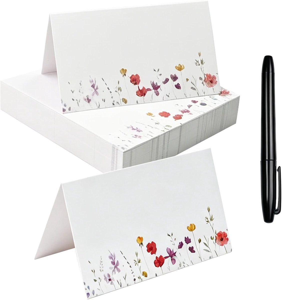 100 stuks tafelkaarten, bruiloft, verjaardag, bloemen, 10 x 9 cm, vouwkaart en pen, tafeldecoratie, naamkaarten om zelf te beschrijven, plaatskaarten voor bruiloft, vormsel, communie, doop