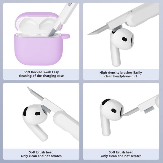 Hoes Compatibel met AirPods 4th Generation hoes (2024) met reinigingsset, Beschermend Siliconen hoesje voor Airpods 4, LED vooraan zichtbaar (Lichtpaars) — afbeelding 3