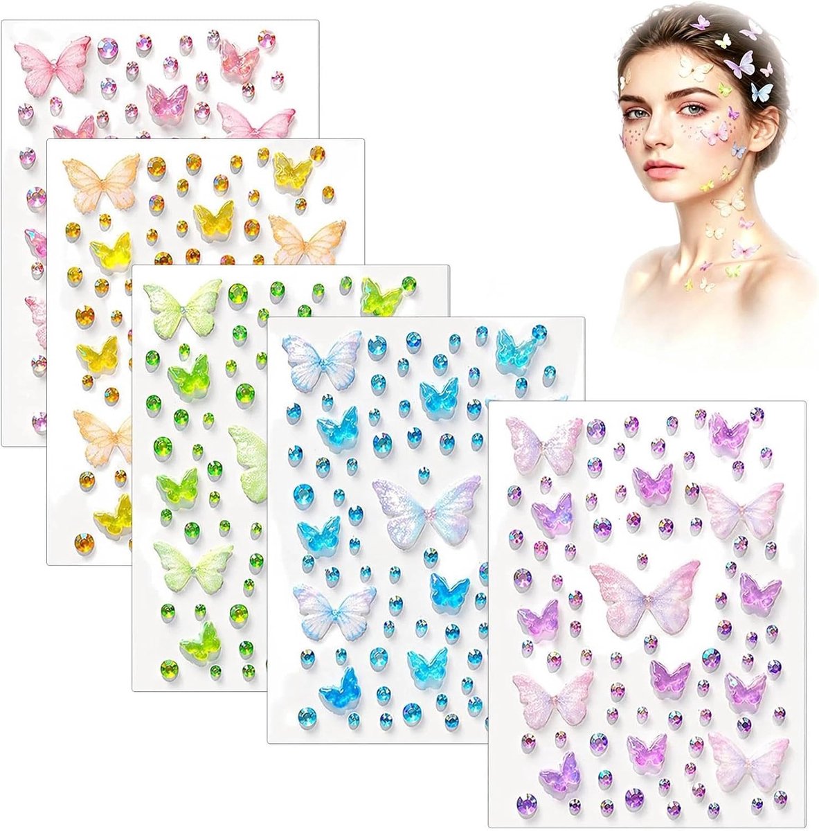 5 stuks glitterstenen, zelfklevend, vlinder glitterstenen stickers
