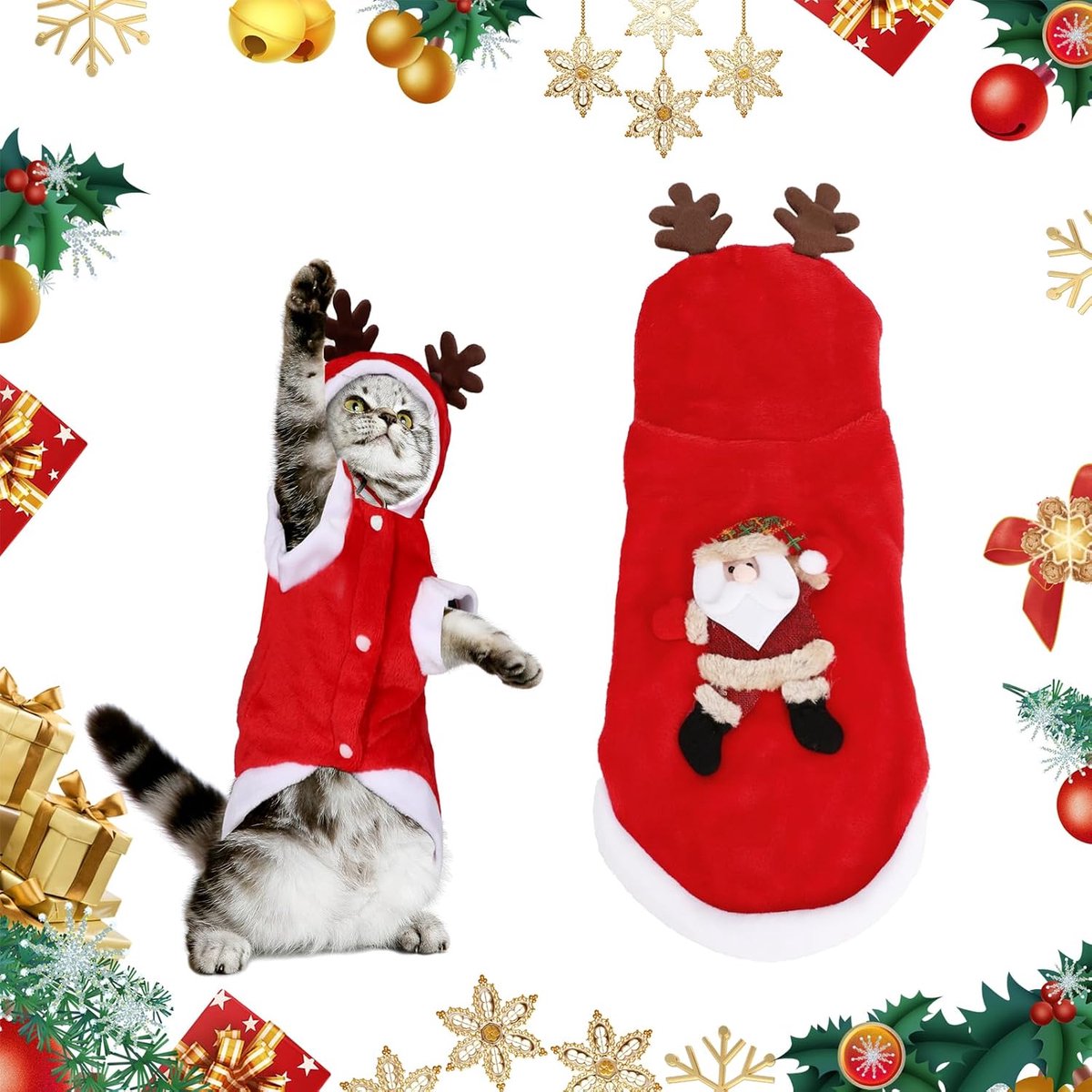 Kerstkostuum voor huisdieren, kerstoutfit voor katten met rendierhoed, mooie hondenkostuum kattenjas, warme kerstman hoodie kleding (Medium)