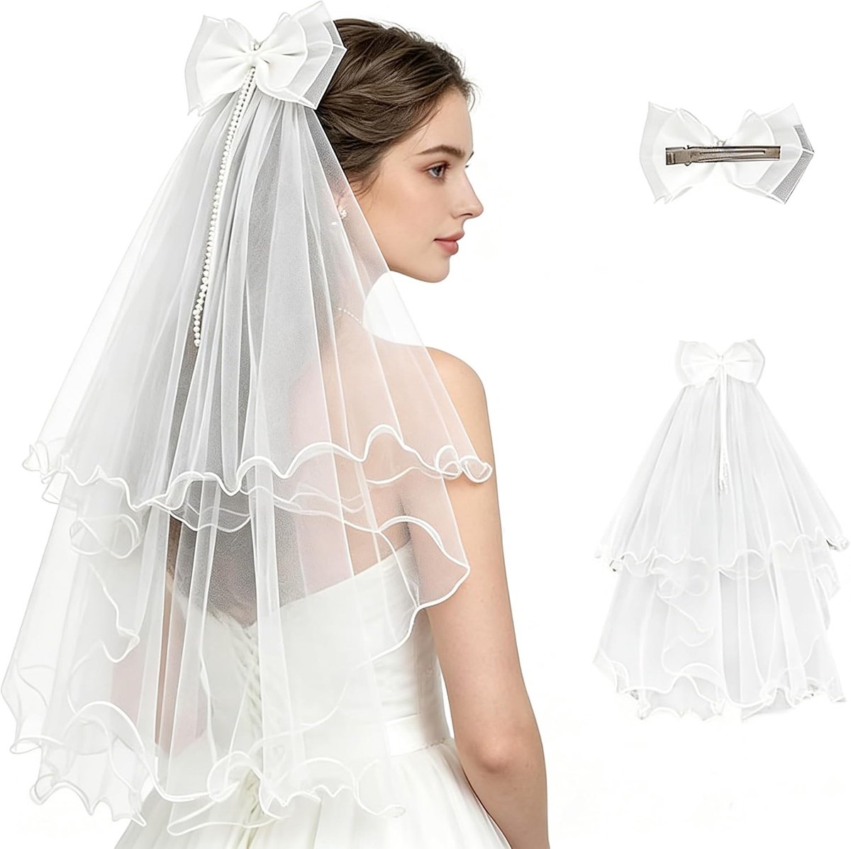 Bruidssluier met Haarspeldjes, 1-Laags Zachte Tule met Verfijnde Parelketting, Accessoire voor Vrijgezellenfeest, Bruidsdouche en Bruidsmeisje