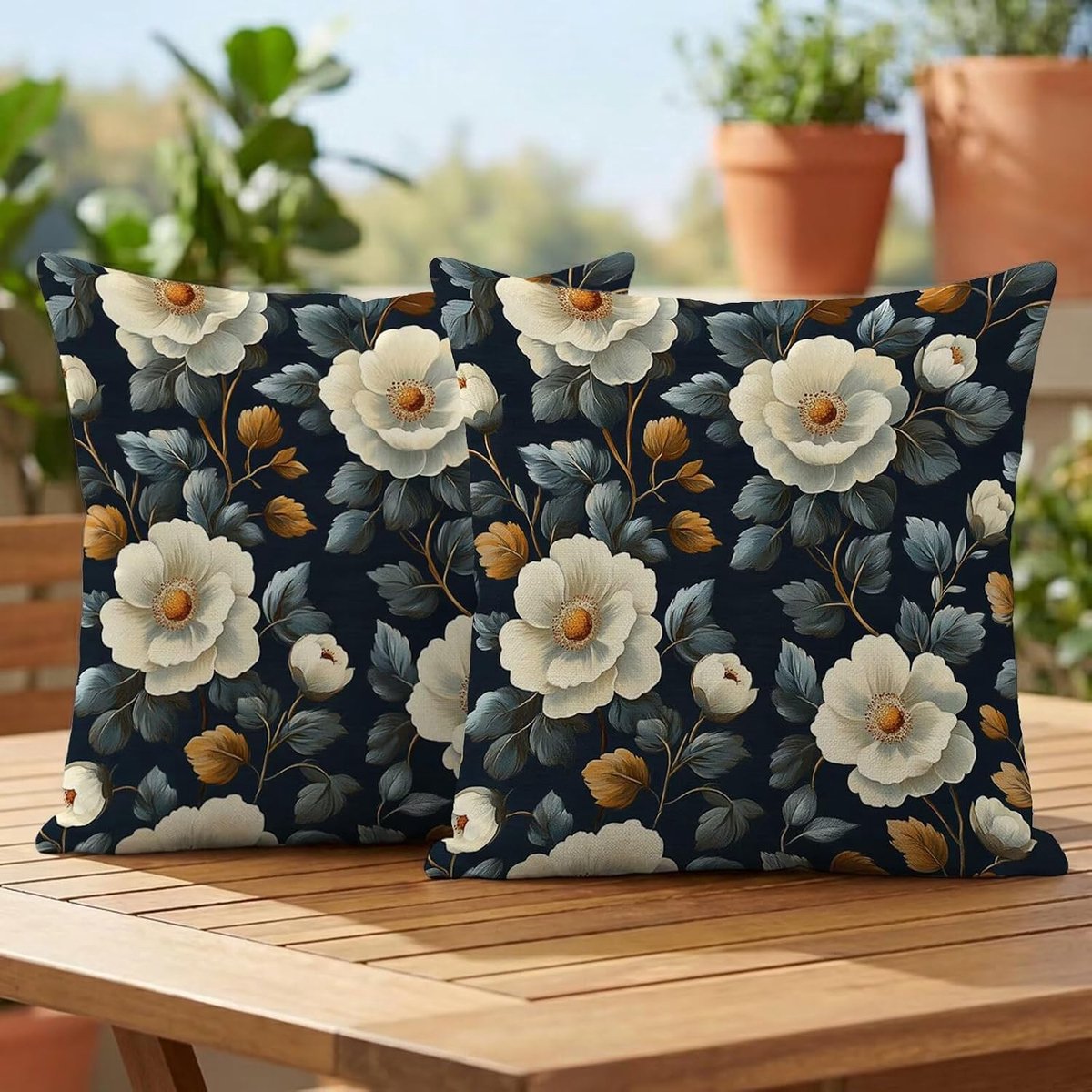 Set van 2 outdoor kussenslopen, 50 x 50 cm, weerbestendig, crème bloemenmotief, tuinkussen, zomer, modern sierkussen, dubbelzijdige print, bankkussen voor balkon, lounge, terras, woonkamer, decoratie