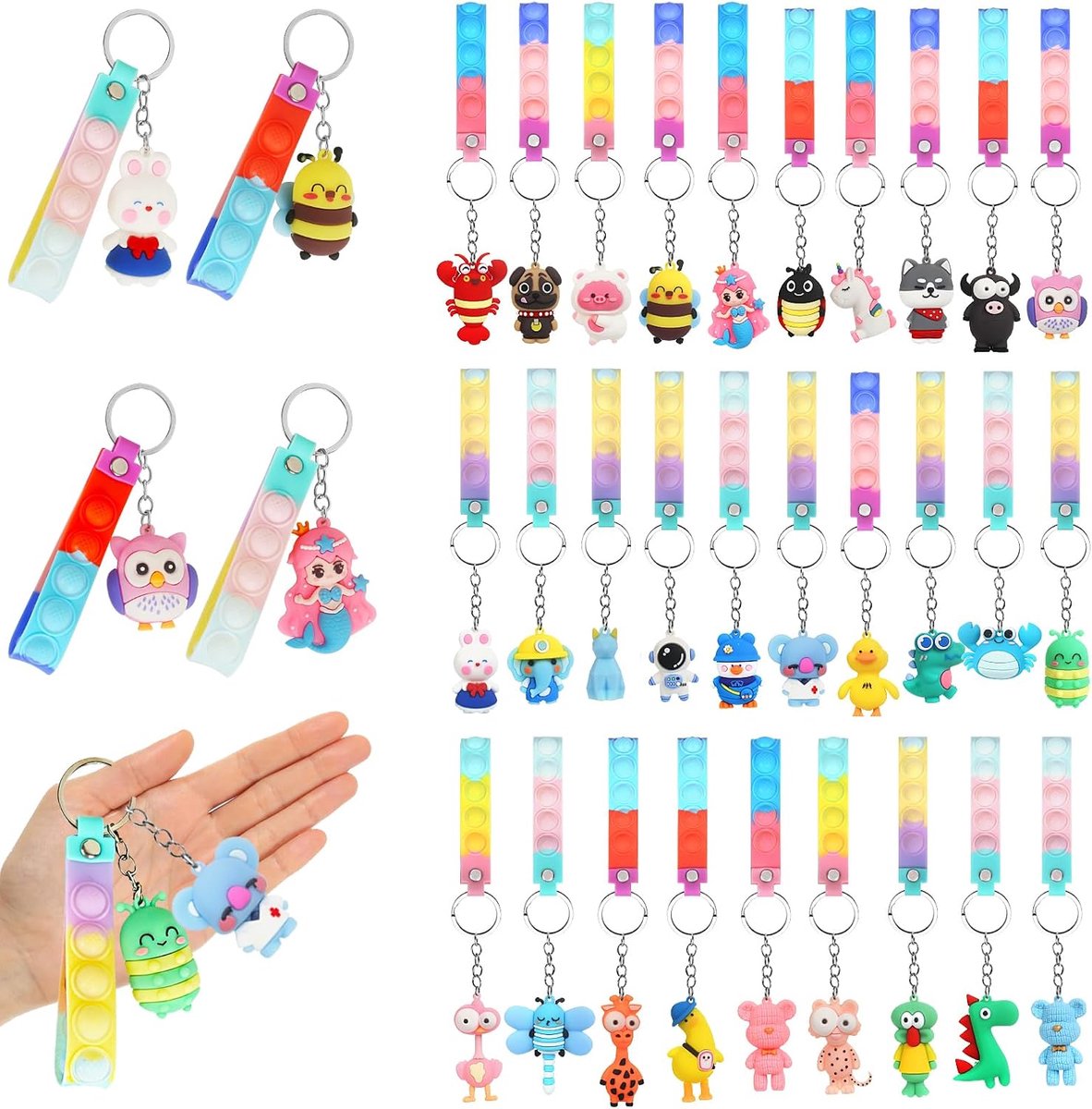 32 Pop It fidget speelgoed sleutelhangers en sleutelkoorden kinderen dierenvorm kinderuitnodigingen snoep verjaardag kinderen anti-stress fidget speelgoed