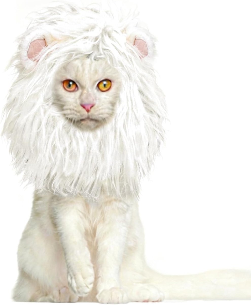 Leeuwenmanenpruik voor katten en honden, grappige huisdier kattenkostuums voor Halloween Kerstmis, harige huisdierkleding accessoires (S, wit)