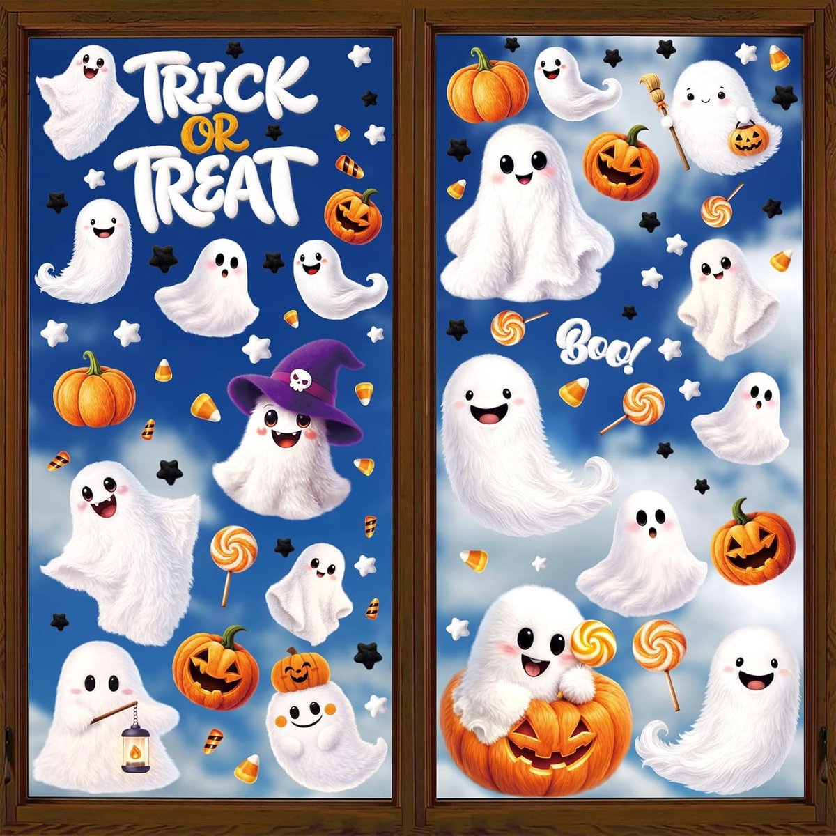 Raamstickerset, 8 schattige pluche geesten, statische stickers, herbruikbaar, Halloween-party, raamdecoratie, spiegeldecoratie
