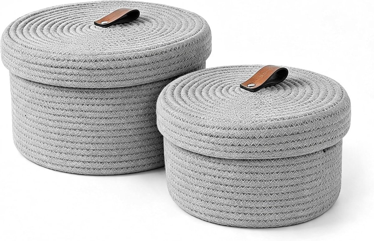 Opbergmanden met deksel, katoenen draadmand, gevlochten met handvat, wasbare decoratieve mand met deksel, multifunctionele organizer voor planken, woonkamer en badkamer (lichtgrijs)