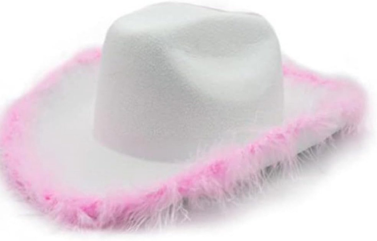 Cowboyhoed met harige rand, cowgirl-hoed, brede rand, cowboyhoed, kostuumaccessoires voor volwassenen, disco-outfit, pet, hoofddeksel voor cosplay, party, vrijgezellenfeest, themafeest, wit/roze
