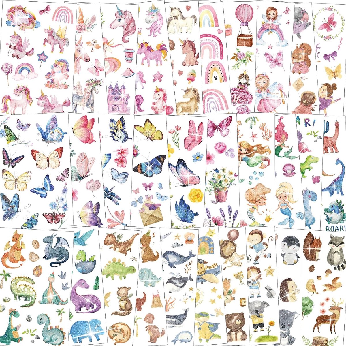 300+ glittertattooset voor kinderen, huidvriendelijke glittertatoeages met dinosaurus, zeemeermin en eenhoorn, kindertatoeages voor meisjes, ideaal als schoolzakvulling en cadeautje voor