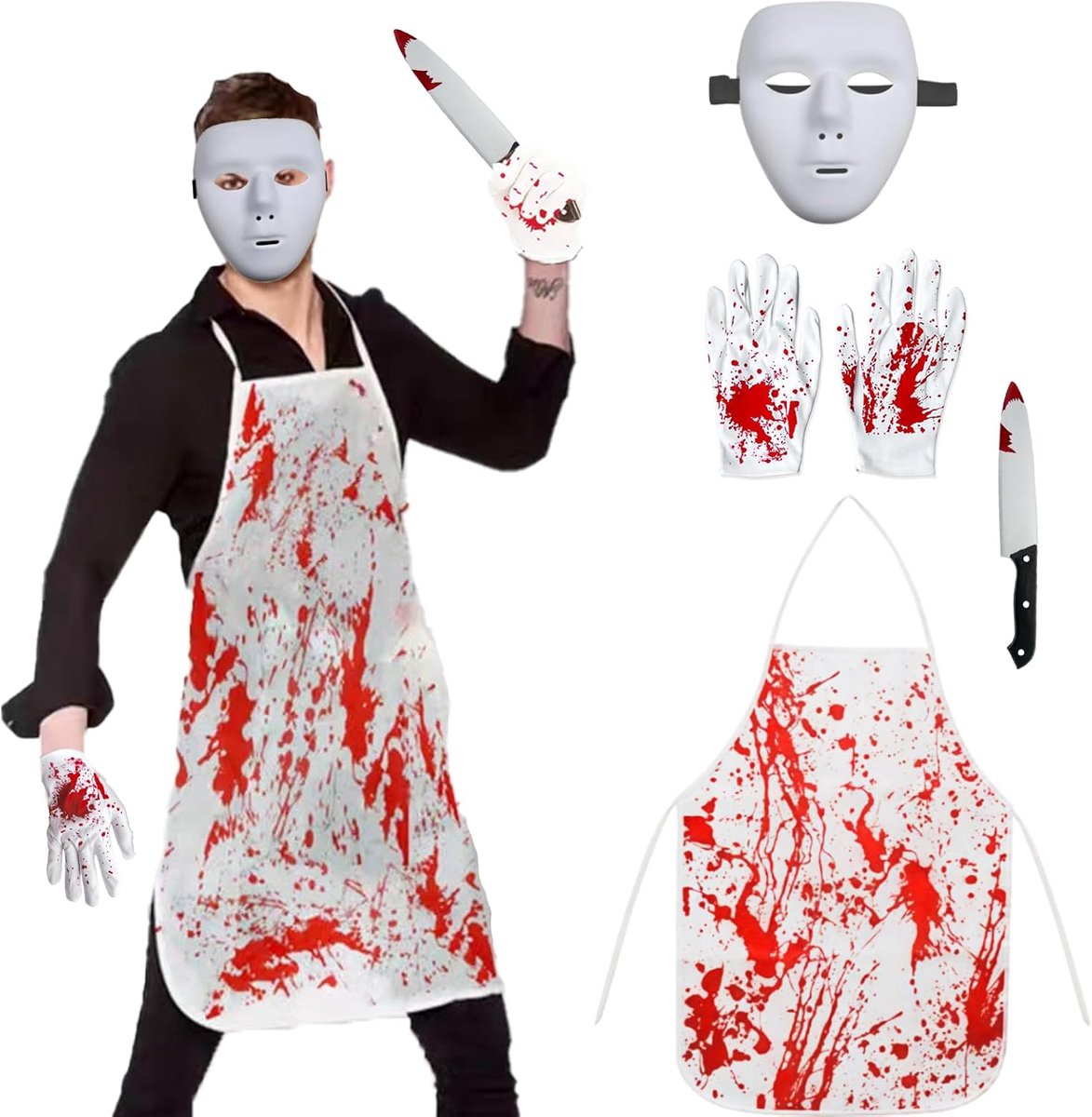 Halloween-kostuumset voor mannen, 70 cm bloederige slagersschort voor volwassenen met horrormasker, hakmes, slagersaccessoires voor een carnavalsfeest