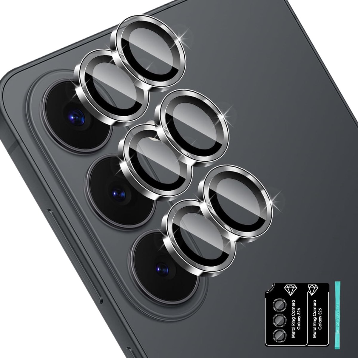 Camerabescherming voor Samsung Galaxy S26 5G pantserglas [2 stuks], 9H-hardheid, lensbescherming, Ultra HD, krasbestendig, individuele ring van metaal, lensbeschermer, zwart