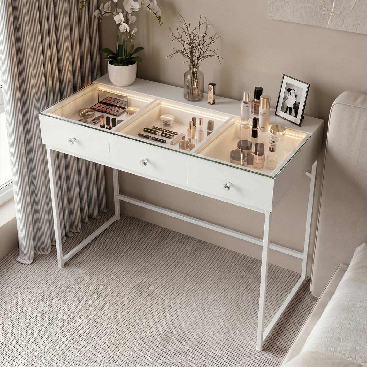 VANITII GLOBAL Kaptafel met Verlichting Licht LED 3 Lades Wit 115 x 55 x 81 cm