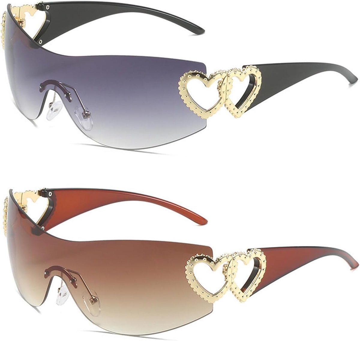 2 Stuks Randloze Y2k Zonnebril Trendy Wrap Around Zonnebril Modieuze Frame Eendelig Vintage Voor Vrouwen En Mannen Uv400-Bescherming Voor Zonbescherming In De Zomer Dagelijkse Kleding