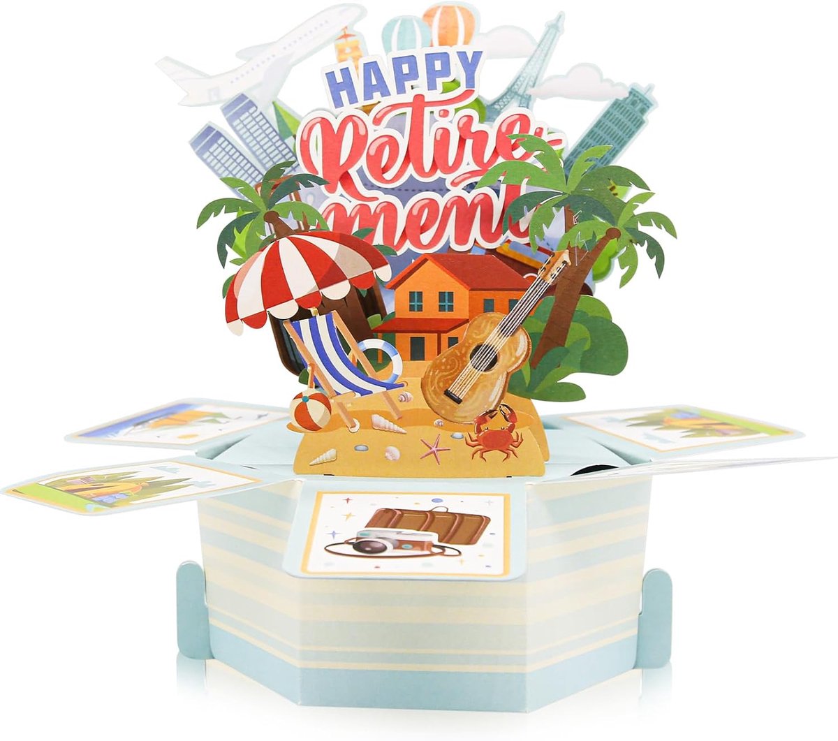 3D Pop-up pensioenkaart, strandreisthema, gelukkige pensioengroetkaart met envelop, opvouwbaar papierkunstwerk voor feestjes, grappig cadeau en bureaudecoratie