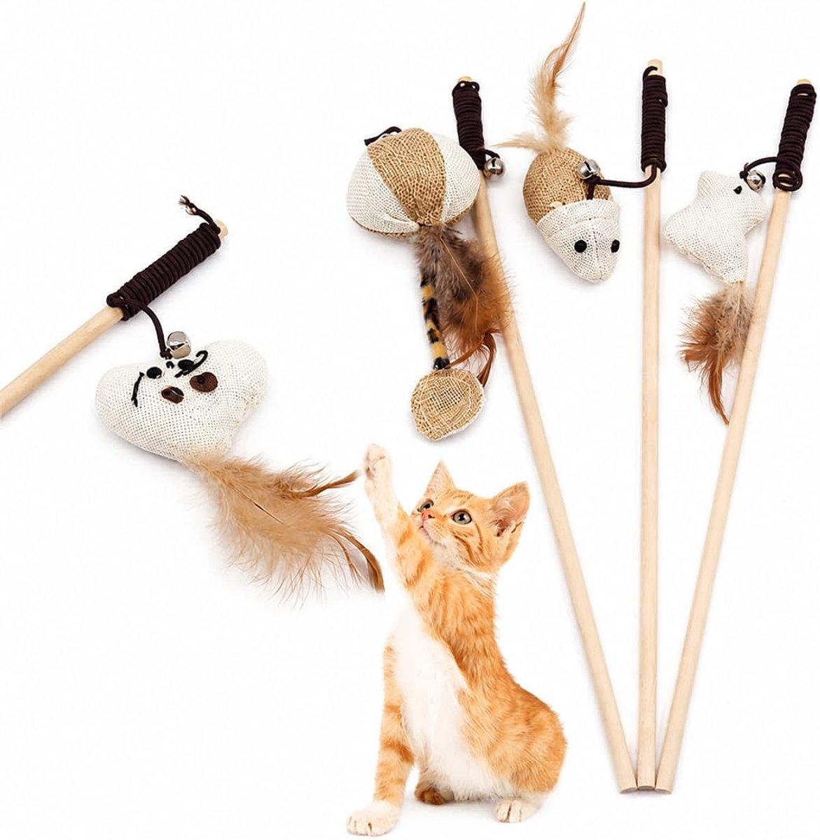 4 stuks kattenspeelgoedset, kattenhengel van natuurlijk hout met veer en belletje, sisalmuis, 40 cm staaf en 76 cm elastisch koord voor interactief indoorspel