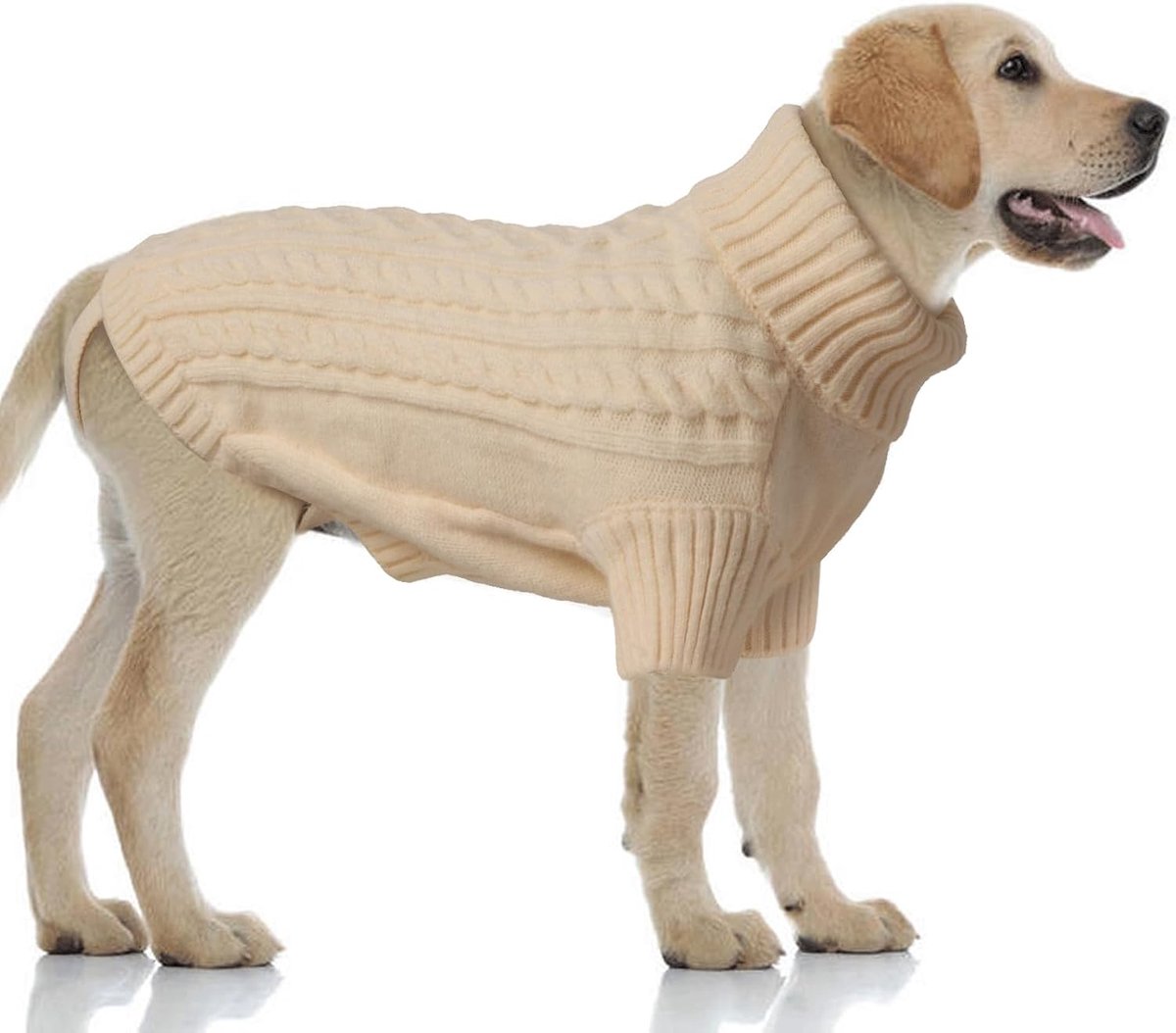 Rolkraag Gebreide Hondentrui met Riemgat, Warme Wintertrui voor Grote Honden, Koud Weer Gebreide Kleding voor Labrador, Mopshond, Weimaraner, Beige, 3XL