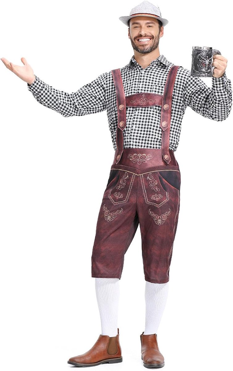 Oktoberfestkostuum voor heren, bierfestivalkostuum, geruit overhemd, bretels, tuinbroek, zomerfeest