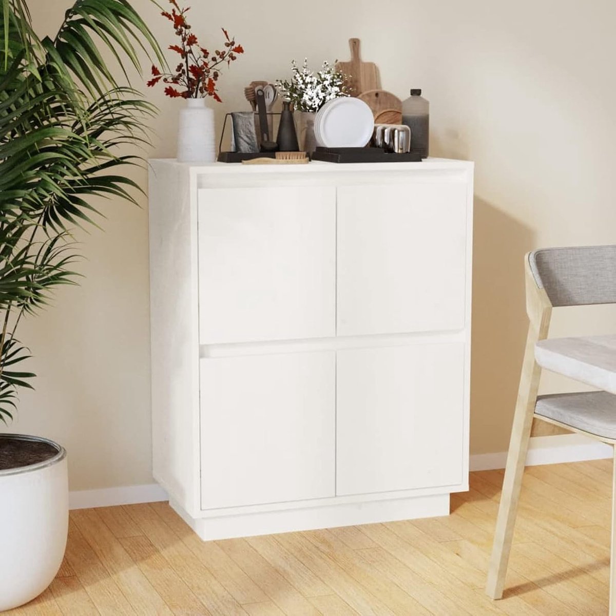 Modern dressoir met 4 deuren, kledingkast, woonkamer, slaapkamer, ingang, kantoor van massief hout, grenenhout, wit, 60 x 34 x 75 cm