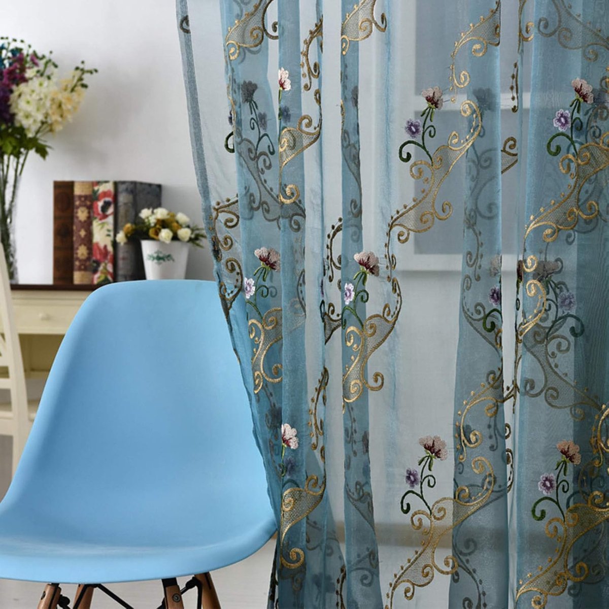 Bloemen/Borduurwerk/tule/gordijn, retro/Sheer Gordijnen/Voor Woonkamer balkon, Voile/Licht Filteren/pastoraal/raamgordijnen, haken top-Blauw. 220x270cm (87x106inch) 1st
