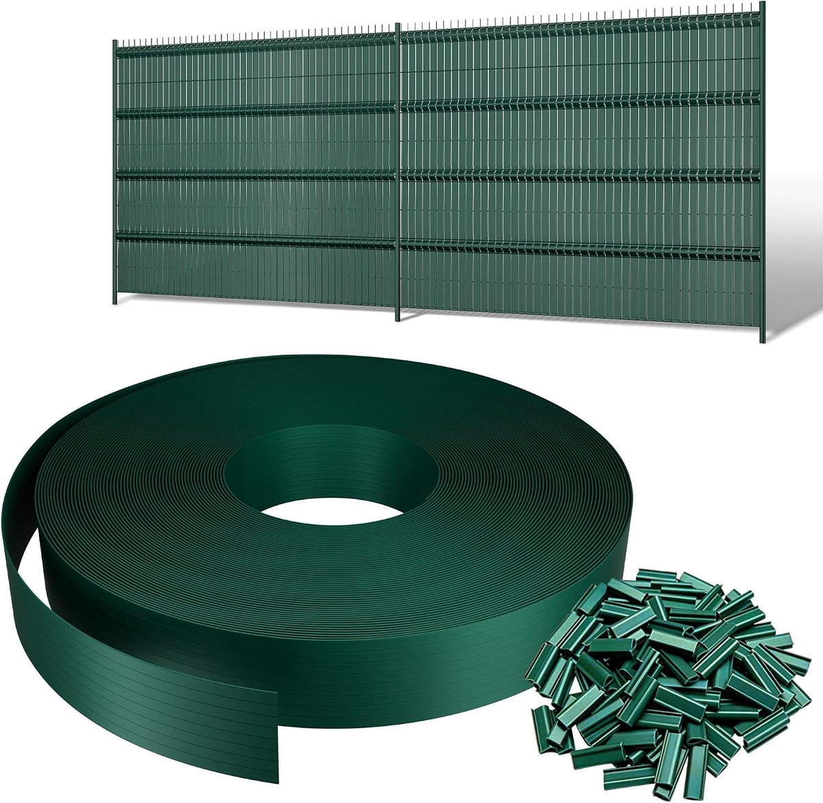 70 m x 4,7 cm zichtwerende strips voor dubbele staafmatten, pvc, inkijkbescherming, omheining, rol voor tuin, balkon, terras, groen, incl. 140 clips
