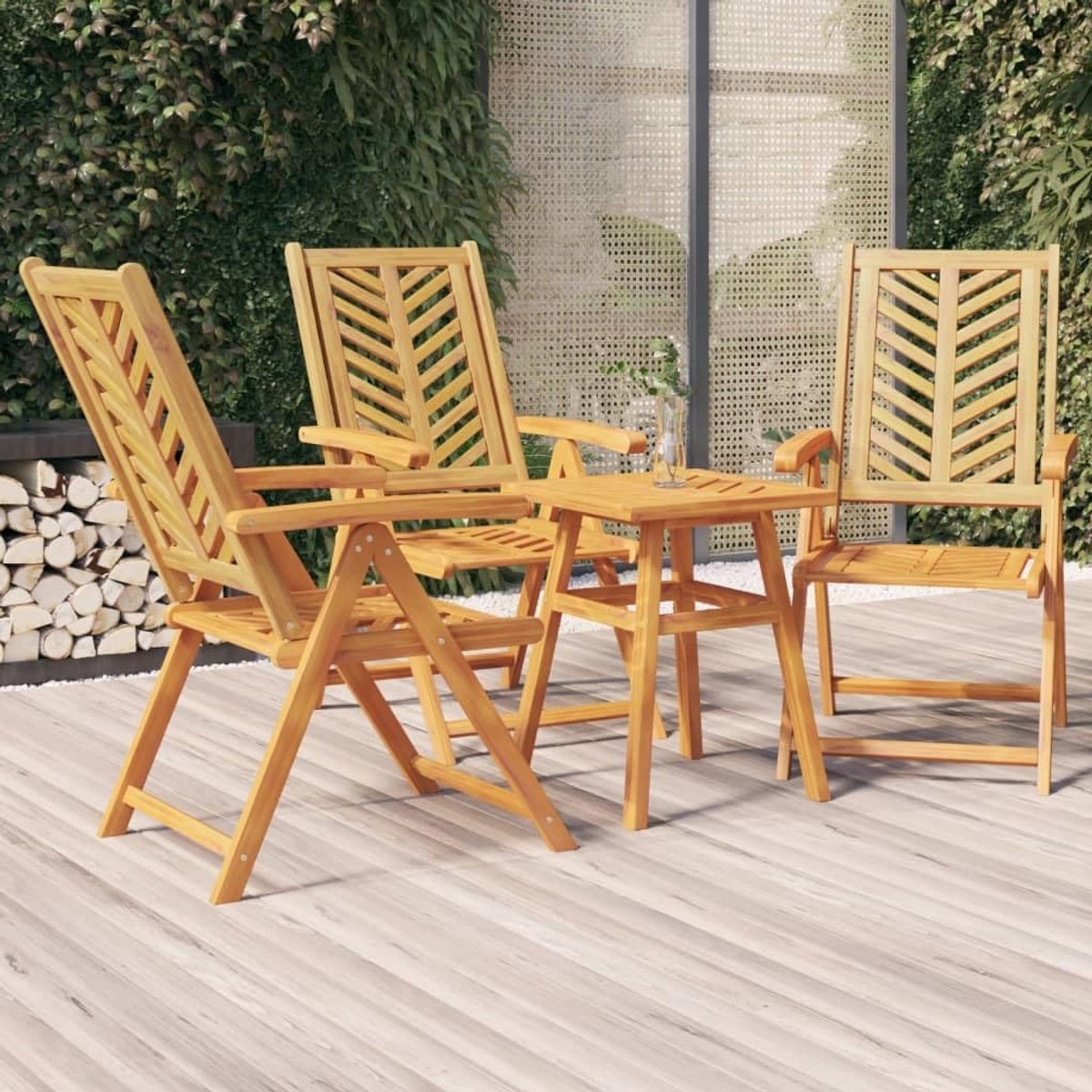 Tuinstoelen van massief acaciahout, 3 stuks, met visgraatrugleuning, 5 kantelposities en armleuningen, stabiel frame, max. 110 kg per zitting
