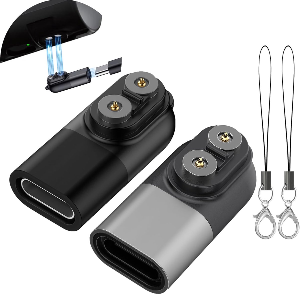 2 Stuks Oplaadadapters Type C, Compatibel met de Modellen LED-LENSER P&H-Adapter, Compatibel met de Oplaadkabel van de Magnetische Oplader, Zwart/Grijs