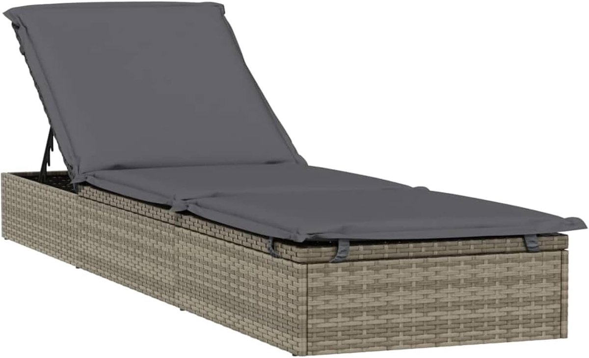 Zonneligstoel met kussen, ligbed voor tuin, ontspanning, zonnebed met dak, zwembadligstoel, strandbed, zee, zwembad, tuin, grijs, 201 x 55 x 62 cm, van polyrotan