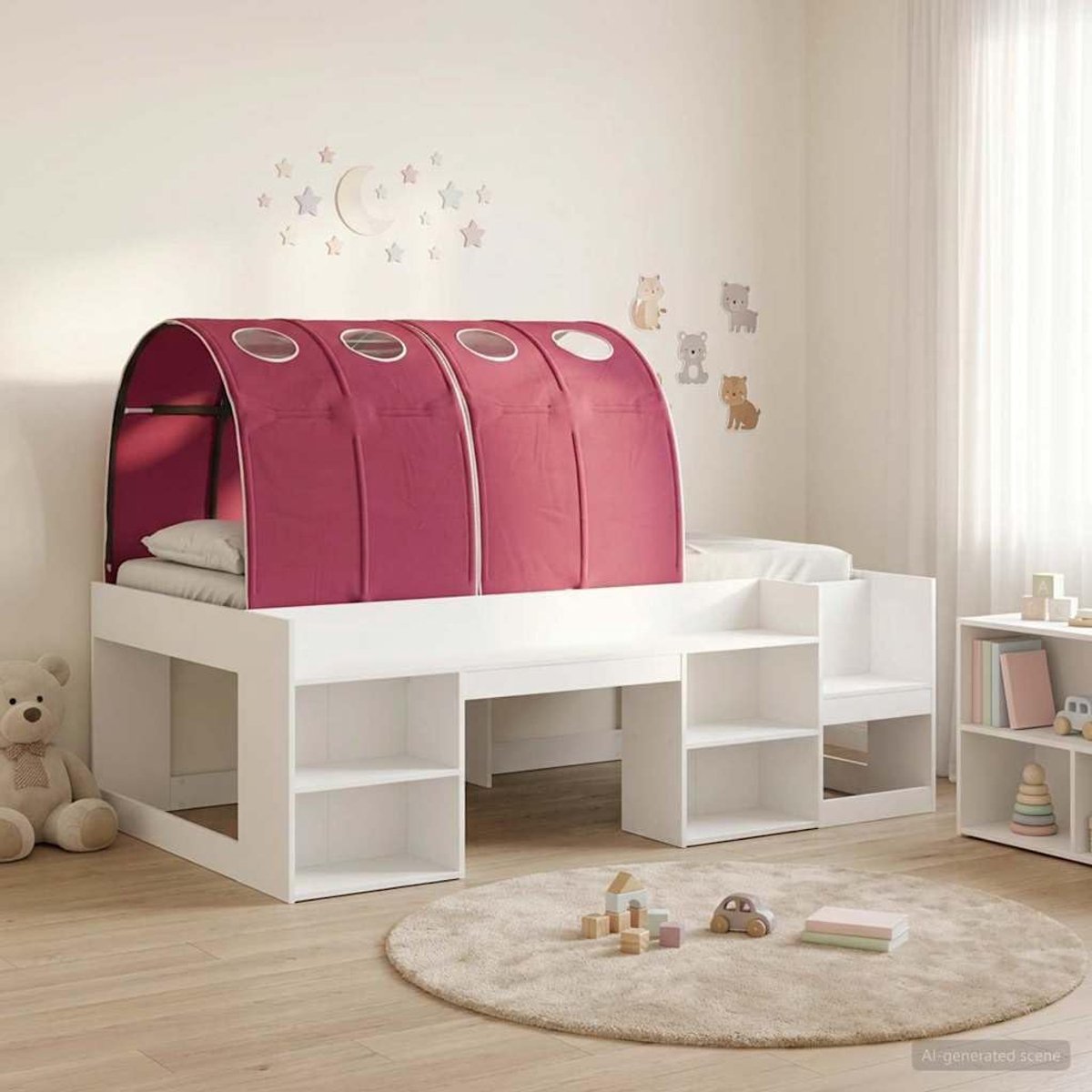 Hout bedframe met tunnel Modern strak design Wit en rood
