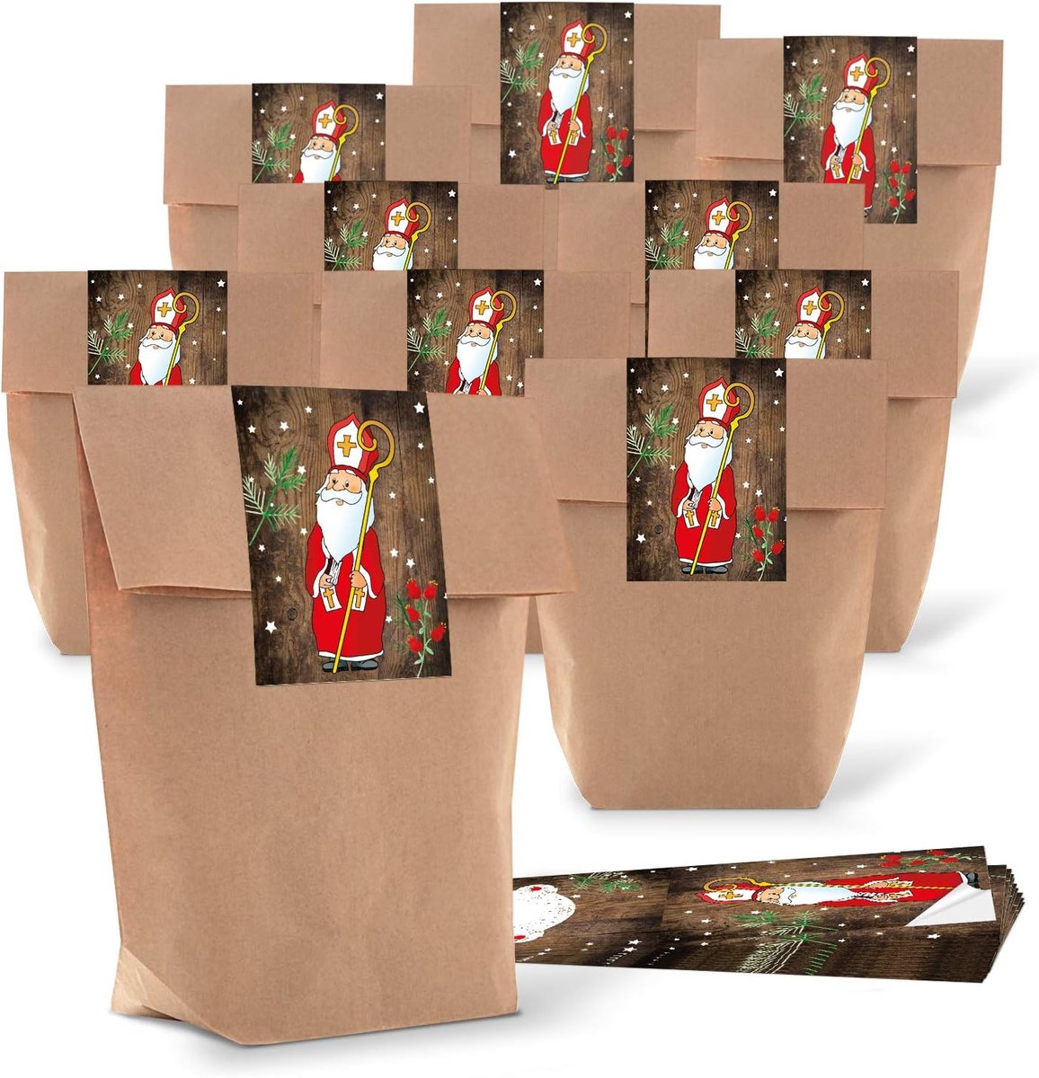 50 kleine bruine natuur kraftpapier papieren zakken 16,5 x 26 x 6,6 cm + 50 kerststickers beschrijfbaar HeiLIGER NIKOLAUS SANTA rood wit kerstcadeau verpakking bio om te vullen