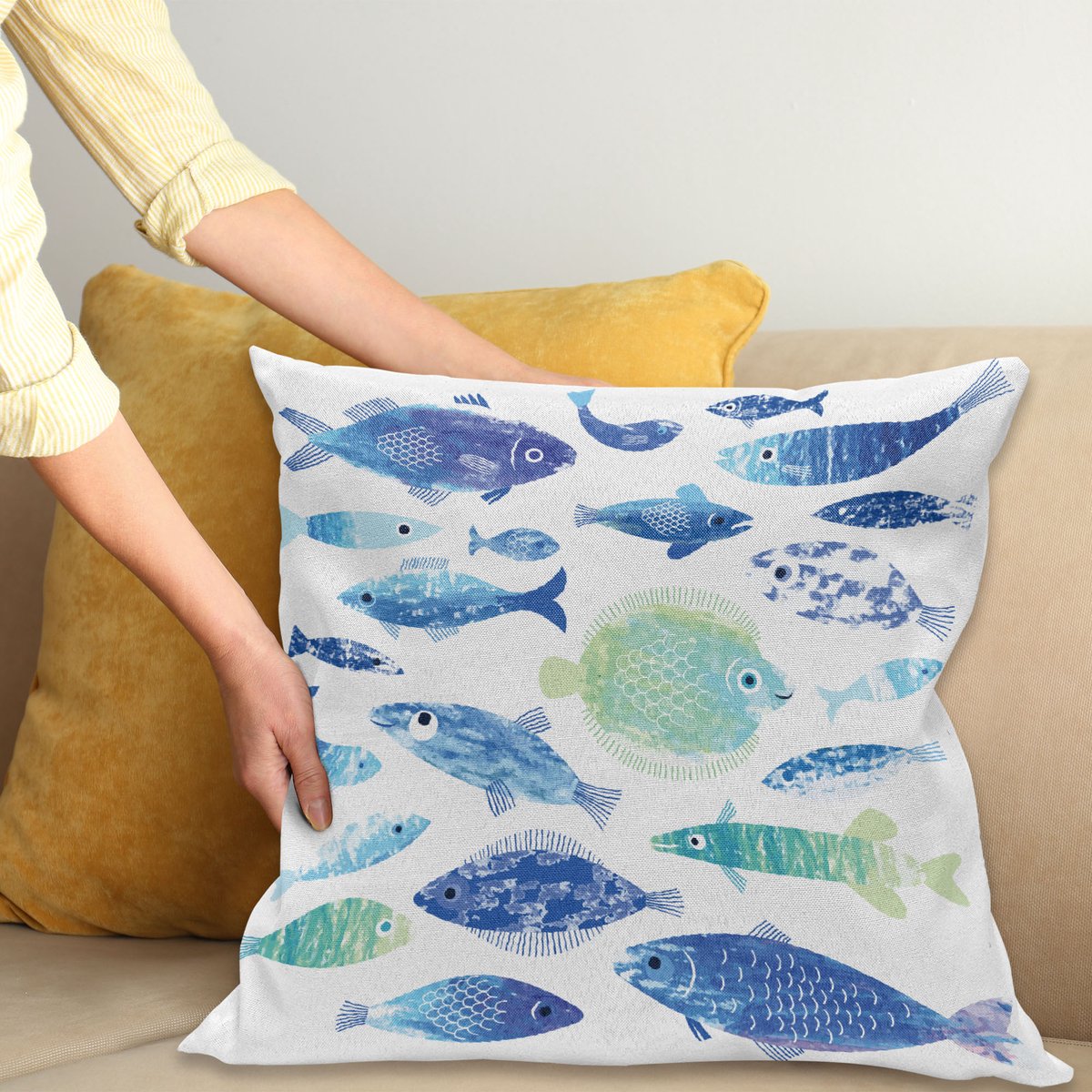 ABAKUHAUS Blauw Sierkussenhoes, Artisan Vis Patronen met Wavy Lijnen en Lucht Wolk Motieven Maritiem Zee Leven Afbeelding, Decoratieve Vierkante Sierkussenhoes, 45 x 45 cm, Zeegroen Blauw