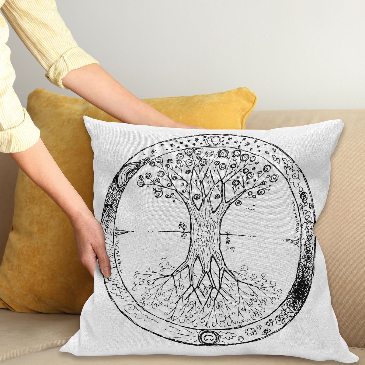 ABAKUHAUS Boom van Leven Sierkussenhoes, Retro Celtic Boom Afbeelding Mandala Round Cycle van Leven Universum Thema, Decoratieve Vierkante Sierkussenhoes, 40 x 40 cm, Zwart Wit