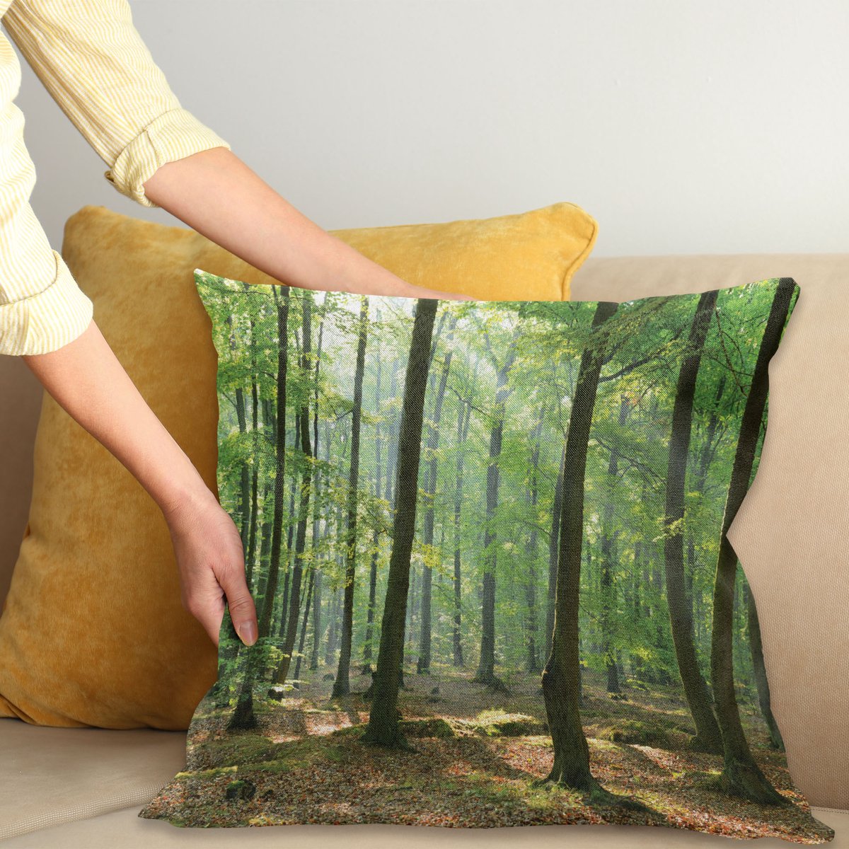 ABAKUHAUS Bos Sierkussenhoes, Morning in de Bos Freshness Natuurlijk Environment Magical Buiten Afbeelding Print, Decoratieve Vierkante Sierkussenhoes, 16 X 16 Inches, Groen Bruin