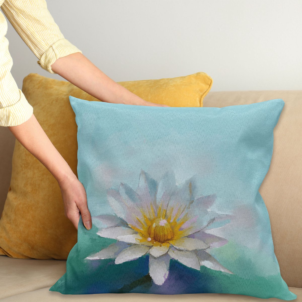 ABAKUHAUS Bloem Sierkussenhoes, Detailed Impressionist Close up Drawing Lotus Zoals Daisies ling Herb Afbeelding Print, Decoratieve Vierkante Sierkussenhoes, 60 x 60 cm, Blauw Wit
