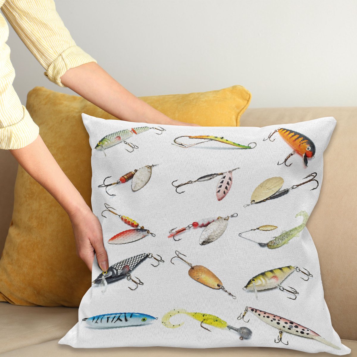 ABAKUHAUS Fishing Sierkussenhoes, Hook Set Tool Equipment Hand Gathering Sport Hobby Nautisch Thema Kunstwerk, Decoratieve Vierkante Sierkussenhoes, 40 x 40 cm, Oranje