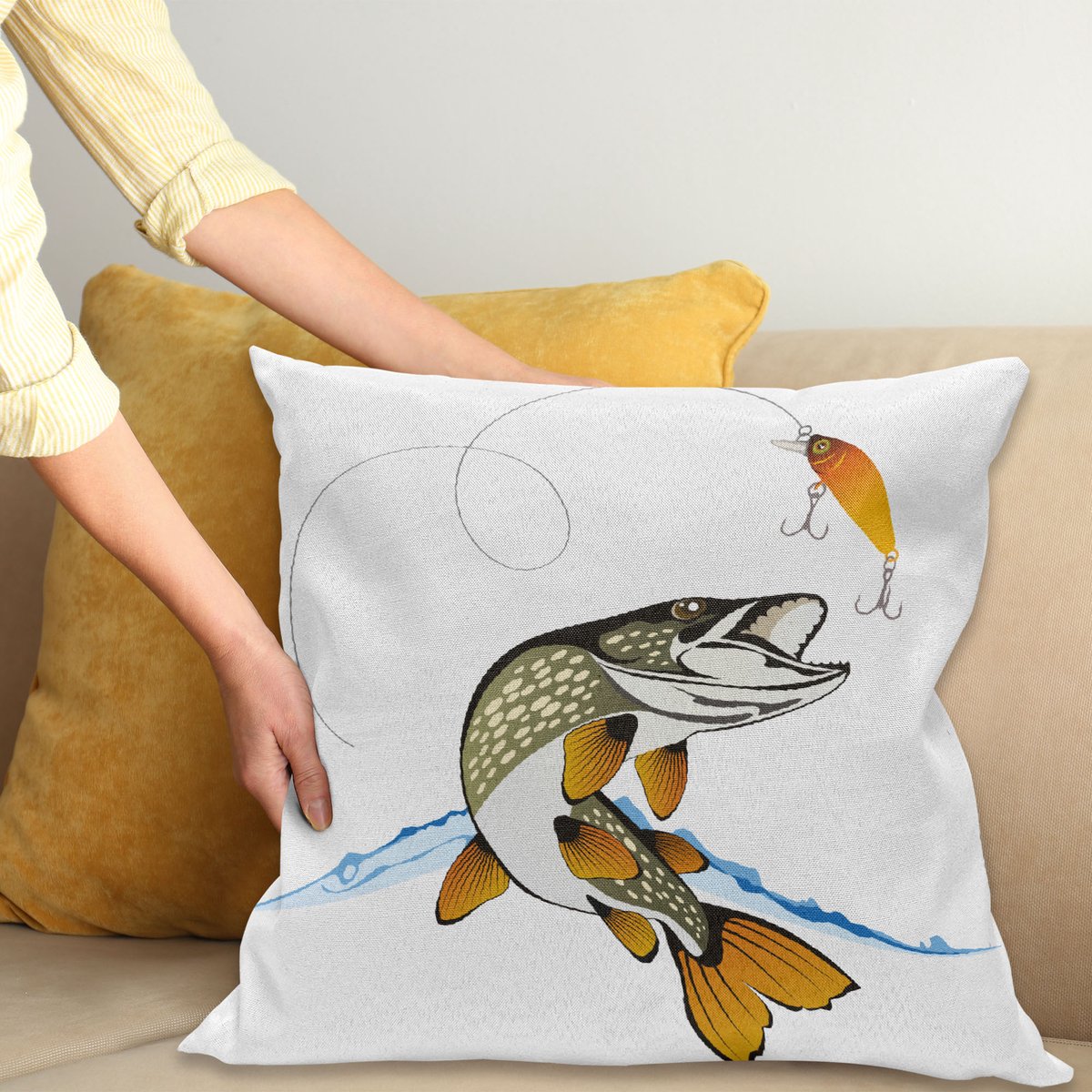 ABAKUHAUS Fishing Sierkussenhoes, Pike Out van Water Splash to Catch de Trap Lure Tackling Maritiem Leven Illustratie, Decoratieve Vierkante Sierkussenhoes, 50 x 50 cm, Licht Oranje
